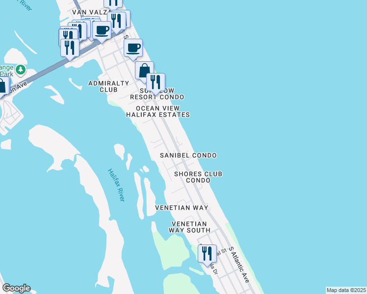 map of restaurants, bars, coffee shops, grocery stores, and more near 3761 South Atlantic Avenue in Daytona Beach Shores