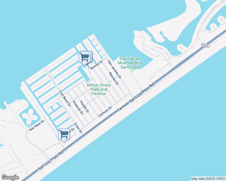 map of restaurants, bars, coffee shops, grocery stores, and more near 4135 Navarro Drive in Galveston