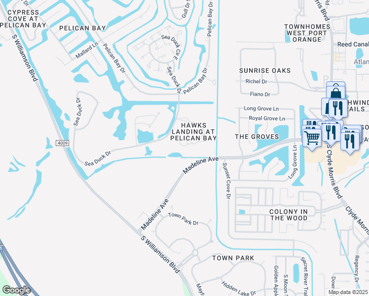 map of restaurants, bars, coffee shops, grocery stores, and more near 200 Bob White Court in Daytona Beach