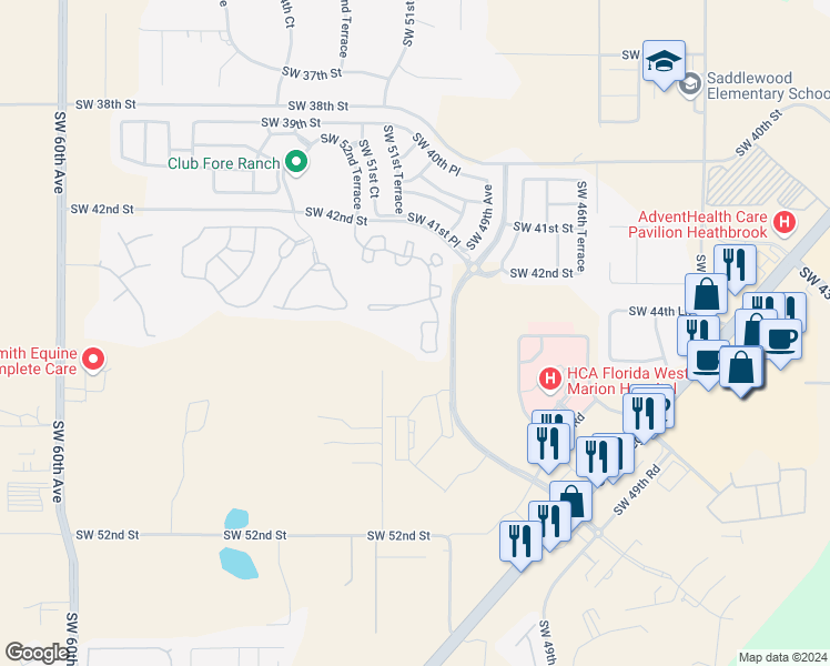 map of restaurants, bars, coffee shops, grocery stores, and more near 4498 Southwest 49th Avenue in Ocala