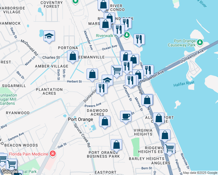 map of restaurants, bars, coffee shops, grocery stores, and more near 402 Dunlawton Avenue in Port Orange