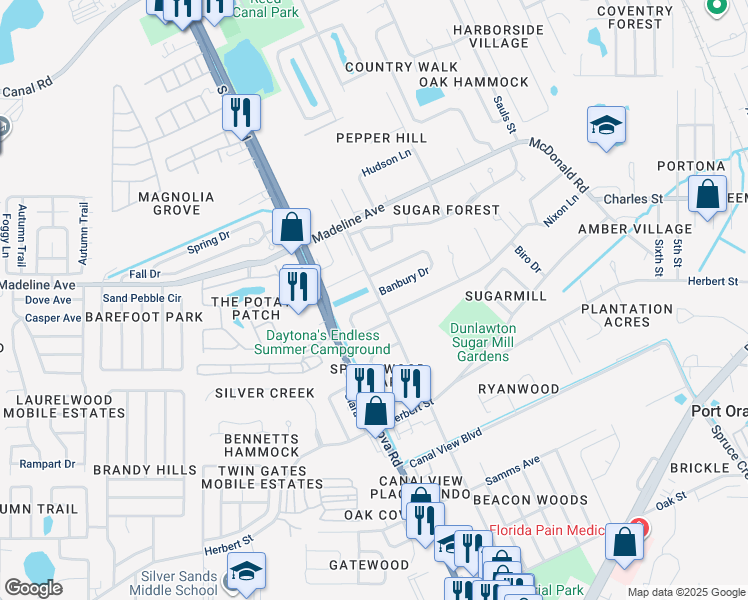 map of restaurants, bars, coffee shops, grocery stores, and more near 199 Moonstone Court in Port Orange