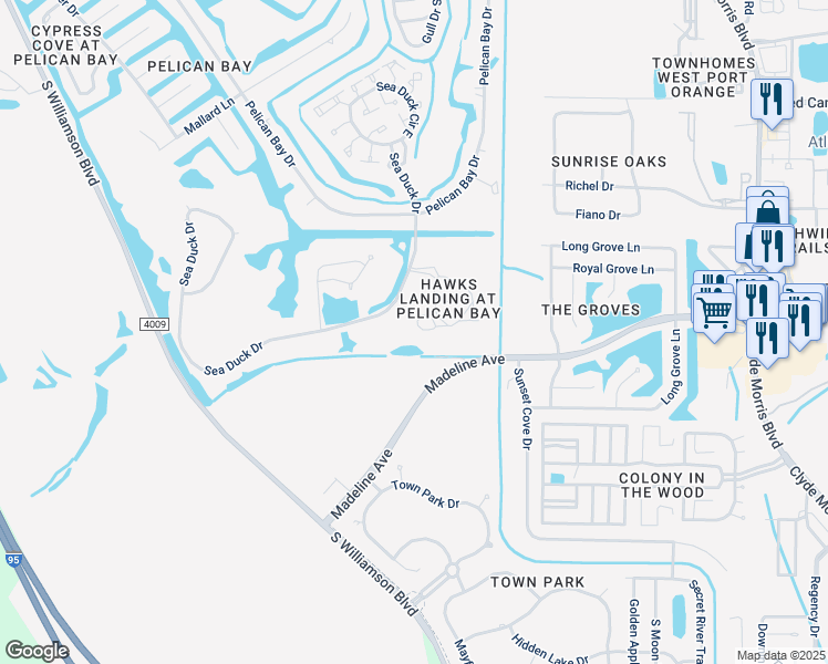map of restaurants, bars, coffee shops, grocery stores, and more near 200 Bob White Court in Daytona Beach