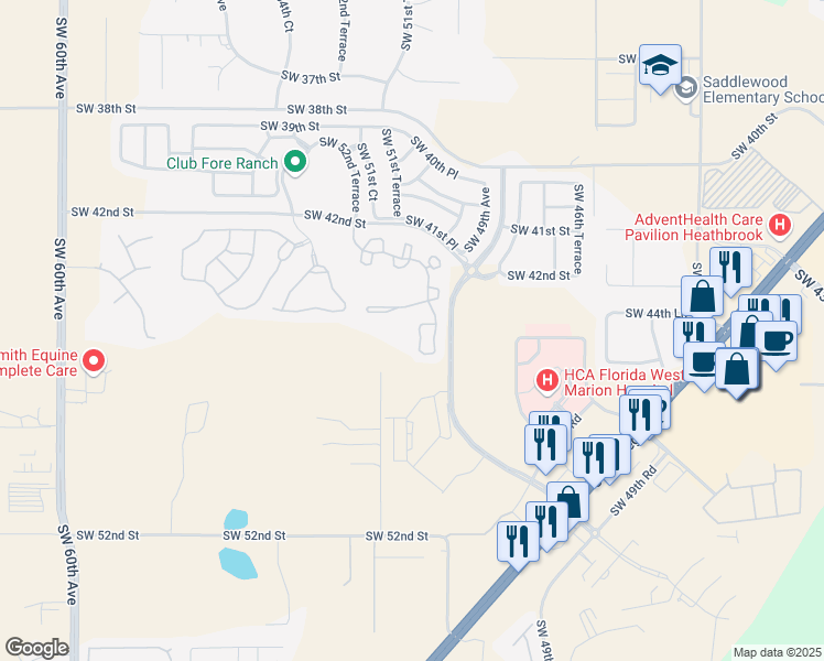 map of restaurants, bars, coffee shops, grocery stores, and more near 4471 Southwest 49th Avenue in Ocala