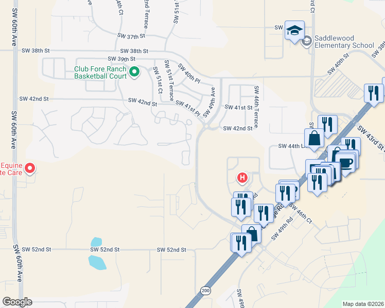map of restaurants, bars, coffee shops, grocery stores, and more near 4424 Southwest 49th Avenue in Ocala