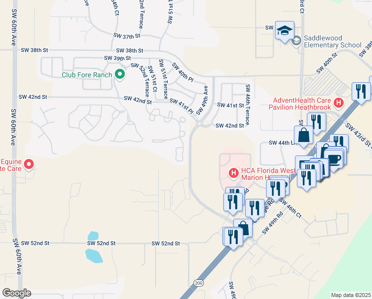map of restaurants, bars, coffee shops, grocery stores, and more near 4498 Southwest 49th Avenue in Ocala