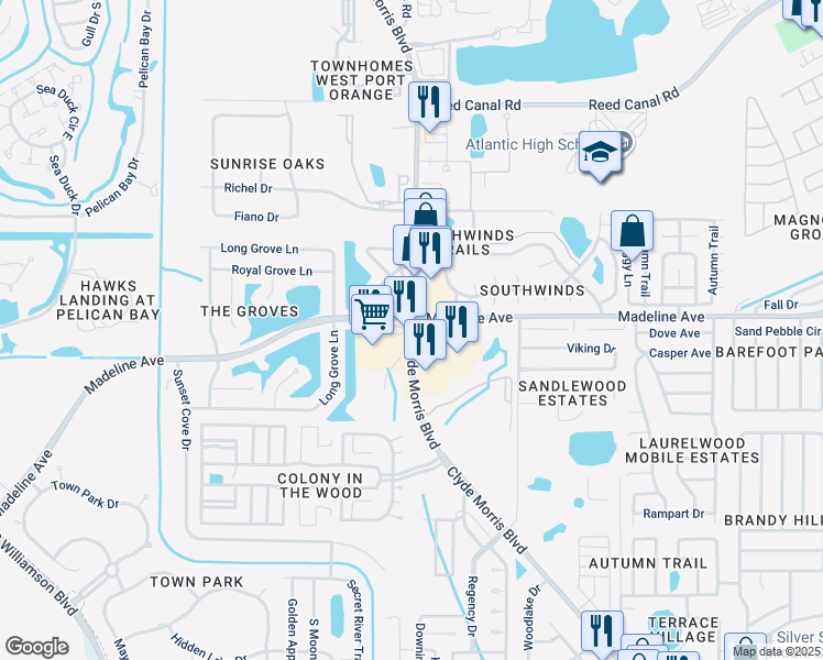 map of restaurants, bars, coffee shops, grocery stores, and more near 3826 South Clyde Morris Boulevard in Port Orange