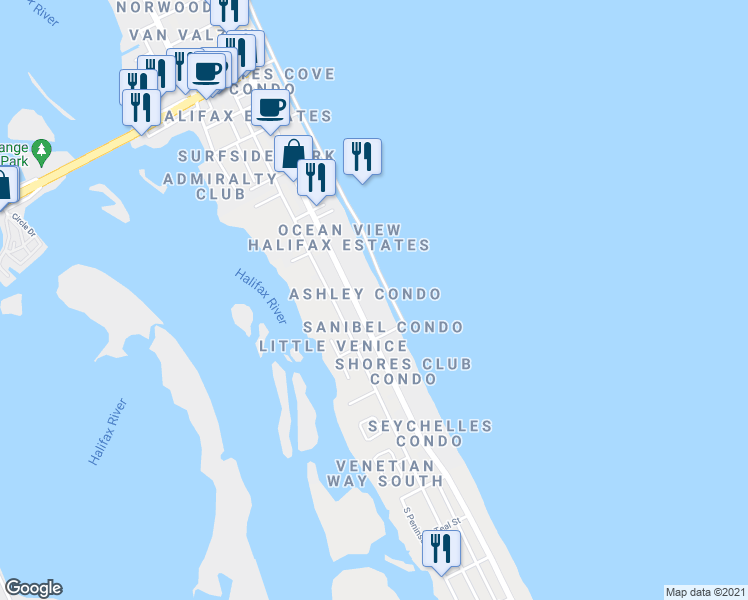 map of restaurants, bars, coffee shops, grocery stores, and more near 3761 South Atlantic Avenue in Daytona Beach Shores