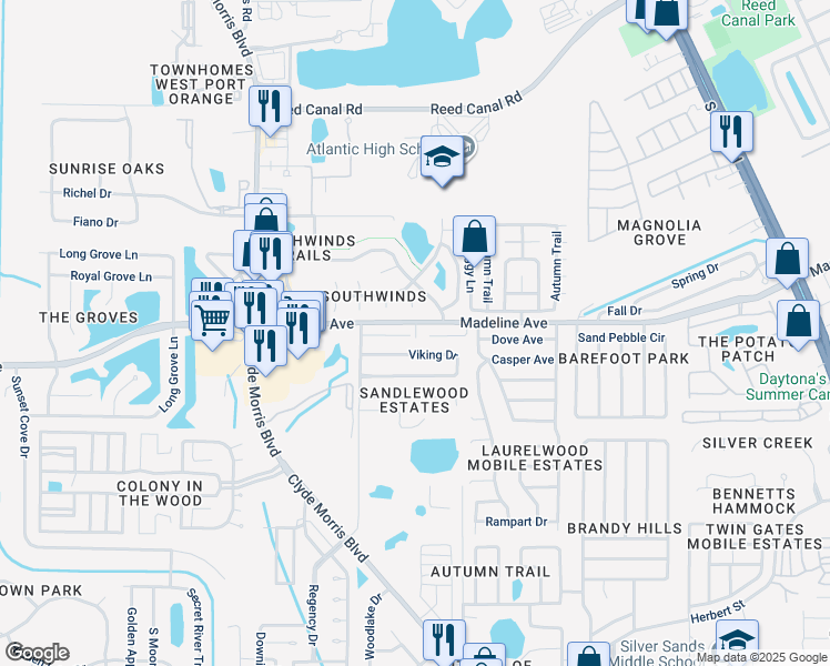 map of restaurants, bars, coffee shops, grocery stores, and more near 1148 Viking Drive in Port Orange