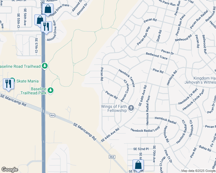 map of restaurants, bars, coffee shops, grocery stores, and more near 5895 Pecan Road in Ocala