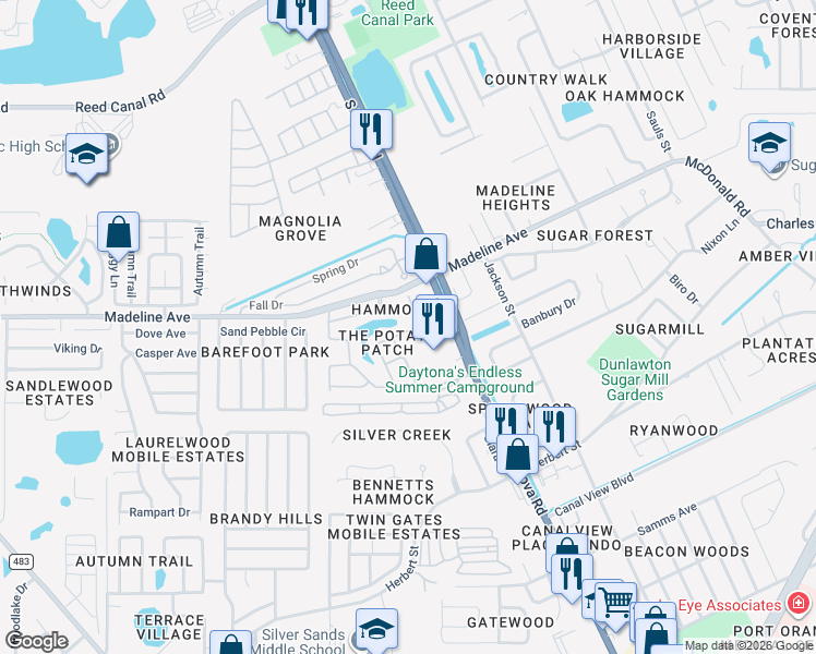 map of restaurants, bars, coffee shops, grocery stores, and more near 3539 Russett Lane in Port Orange
