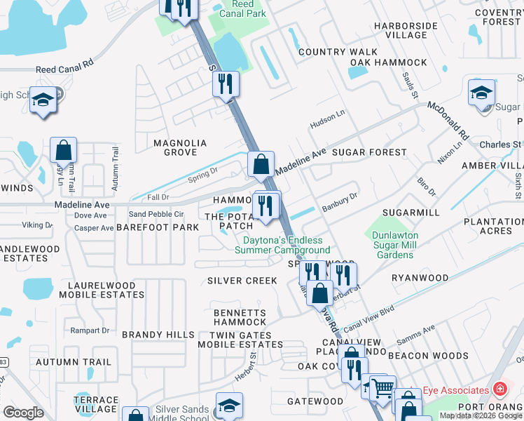 map of restaurants, bars, coffee shops, grocery stores, and more near 3539 Russett Lane in Port Orange