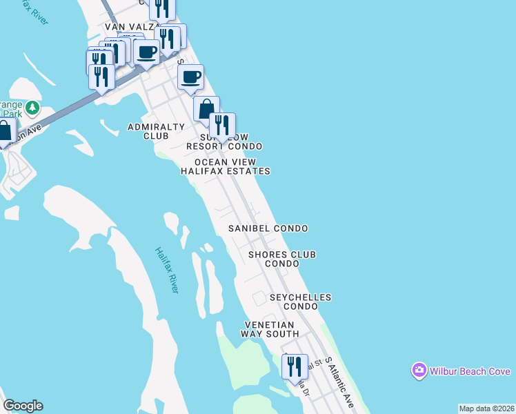 map of restaurants, bars, coffee shops, grocery stores, and more near 3747 South Atlantic Avenue in Daytona Beach