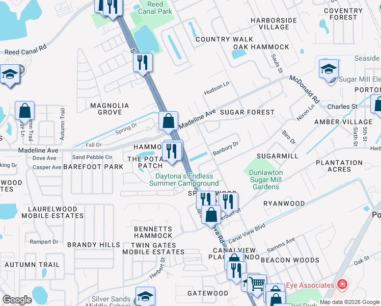 map of restaurants, bars, coffee shops, grocery stores, and more near 163 Sweetgum Lane in Port Orange