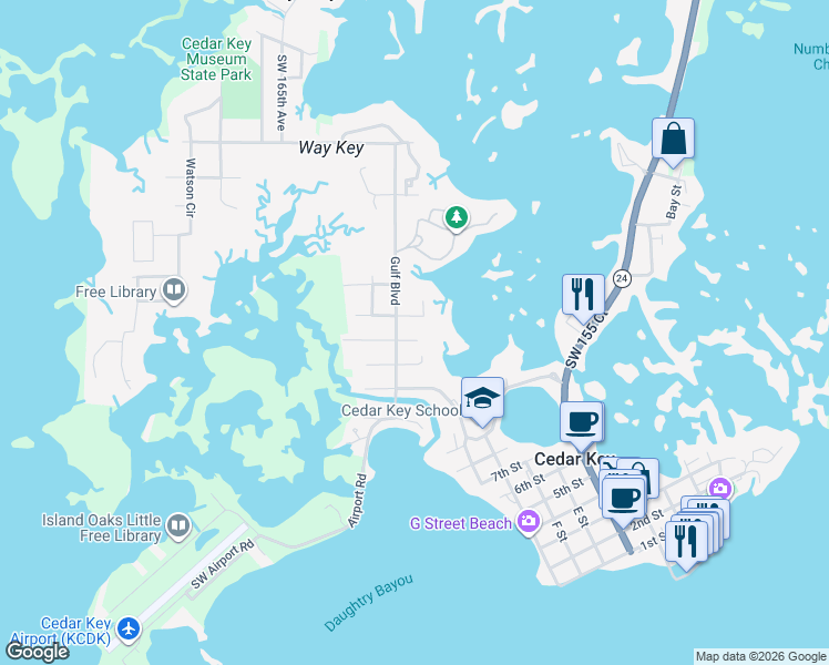 map of restaurants, bars, coffee shops, grocery stores, and more near 1167 Gulf Boulevard in Cedar Key