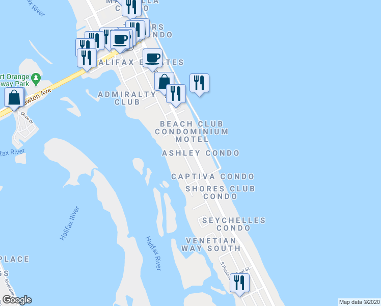 map of restaurants, bars, coffee shops, grocery stores, and more near 3742 South Atlantic Avenue in Daytona Beach Shores