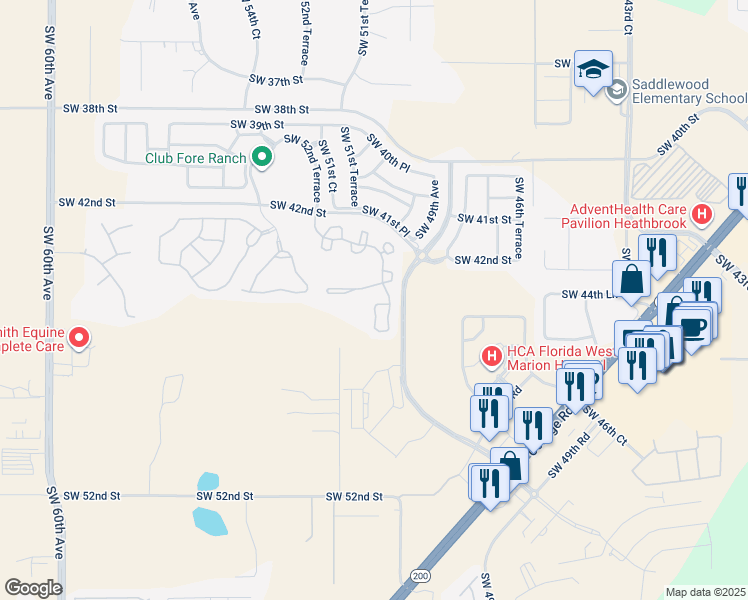 map of restaurants, bars, coffee shops, grocery stores, and more near 4890 Southwest 45th Street in Ocala