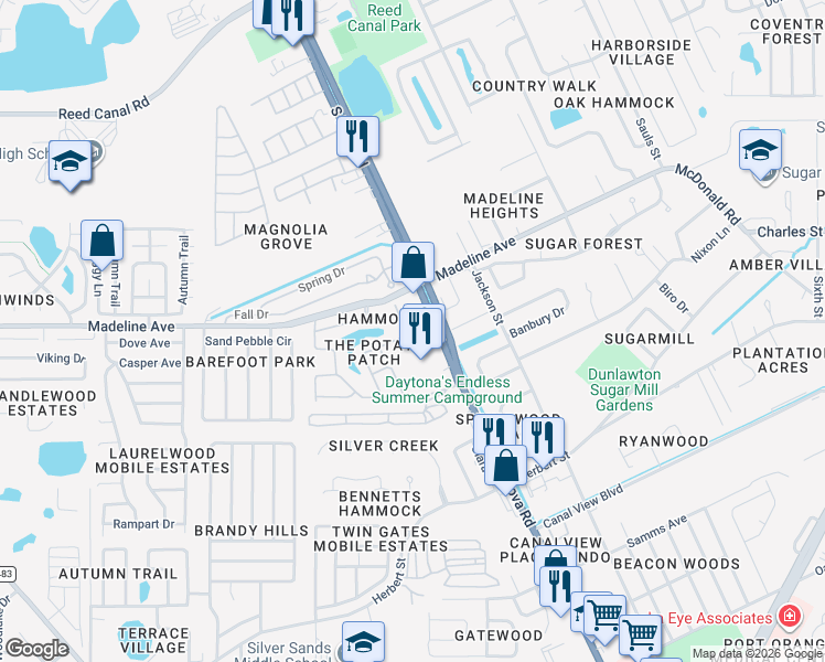 map of restaurants, bars, coffee shops, grocery stores, and more near 1101 Deer Springs Road in Port Orange