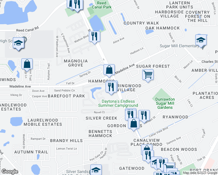 map of restaurants, bars, coffee shops, grocery stores, and more near 1304 Deer Springs Road in Port Orange