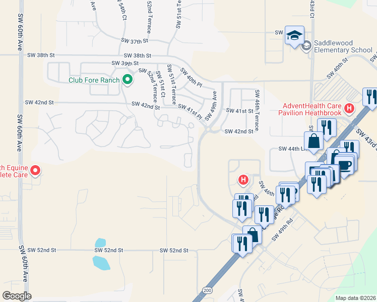 map of restaurants, bars, coffee shops, grocery stores, and more near 4486 Southwest 49th Avenue in Ocala