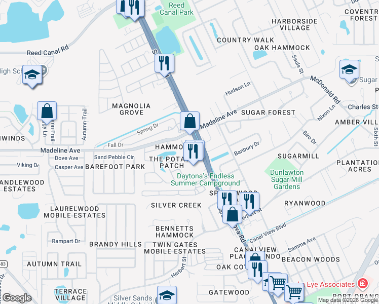 map of restaurants, bars, coffee shops, grocery stores, and more near 1101 Deer Springs Road in Port Orange
