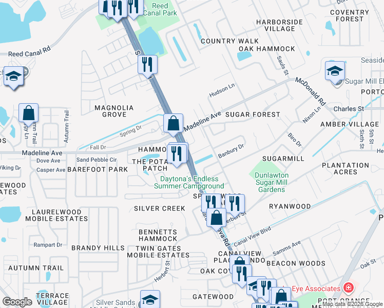 map of restaurants, bars, coffee shops, grocery stores, and more near 170 Sweetgum Lane in Port Orange