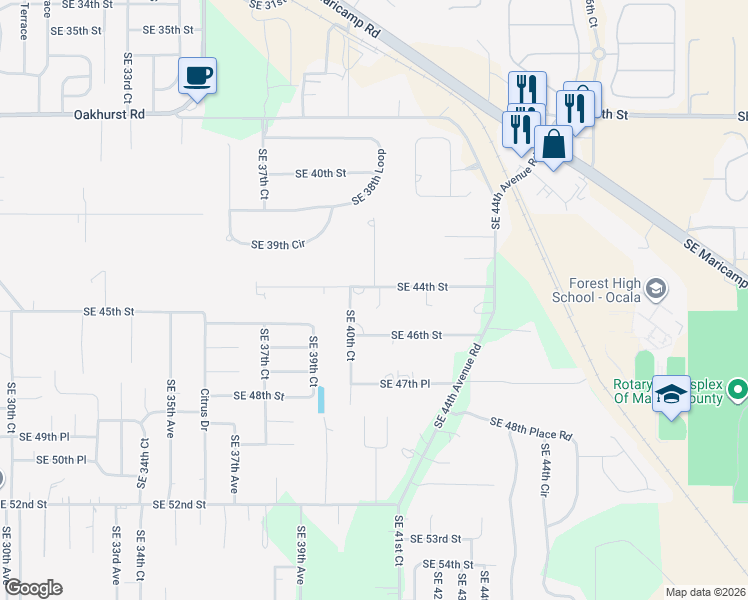 map of restaurants, bars, coffee shops, grocery stores, and more near 4080 Southeast 44th Street in Ocala
