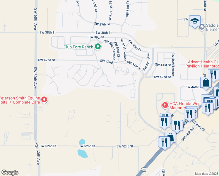 map of restaurants, bars, coffee shops, grocery stores, and more near 4500 Southwest 52nd Circle in Ocala