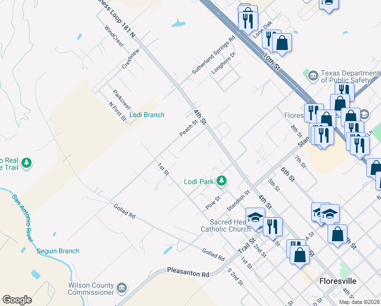 map of restaurants, bars, coffee shops, grocery stores, and more near 1012 Peach Street in Floresville