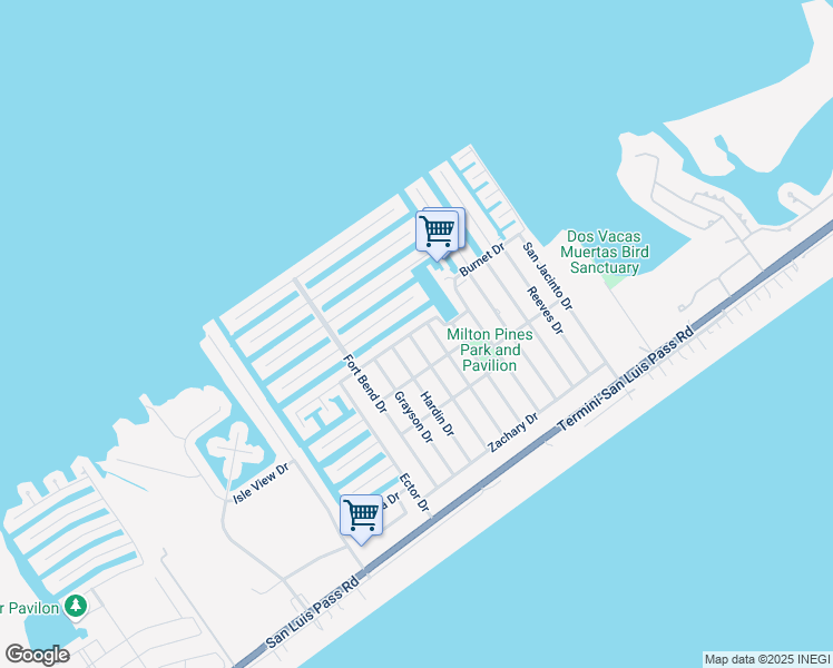 map of restaurants, bars, coffee shops, grocery stores, and more near 21802 Lampasas Drive in Galveston