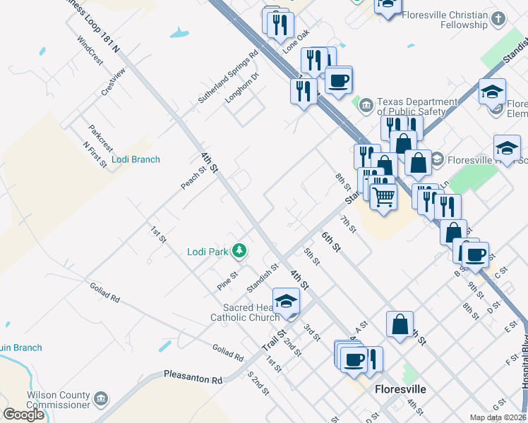 map of restaurants, bars, coffee shops, grocery stores, and more near 1219 Plum Street in Floresville
