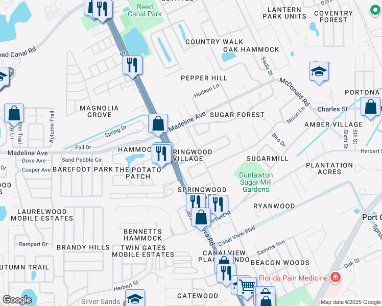 map of restaurants, bars, coffee shops, grocery stores, and more near 150 Sweetgum Lane in Port Orange