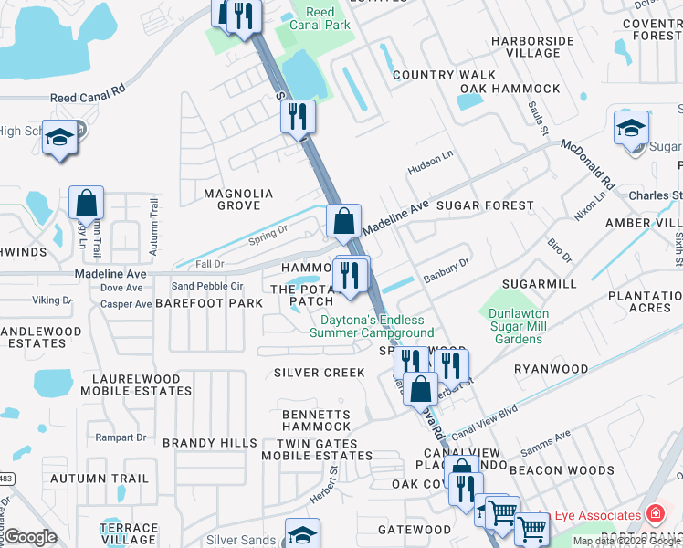 map of restaurants, bars, coffee shops, grocery stores, and more near 1101 Deer Springs Road in Port Orange