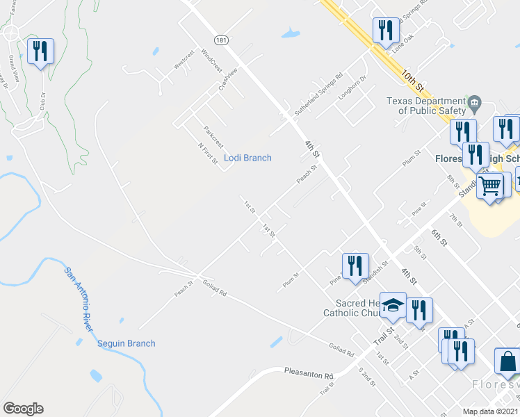 map of restaurants, bars, coffee shops, grocery stores, and more near 903 Peach Street in Floresville