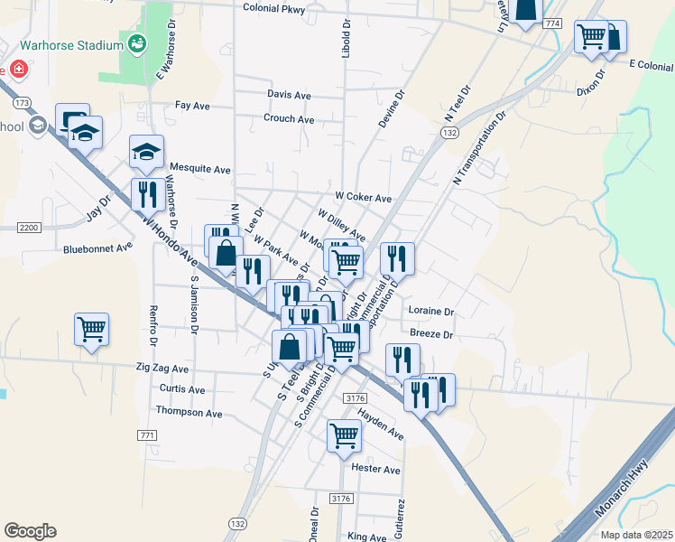 map of restaurants, bars, coffee shops, grocery stores, and more near 106 West Moore Avenue in Devine
