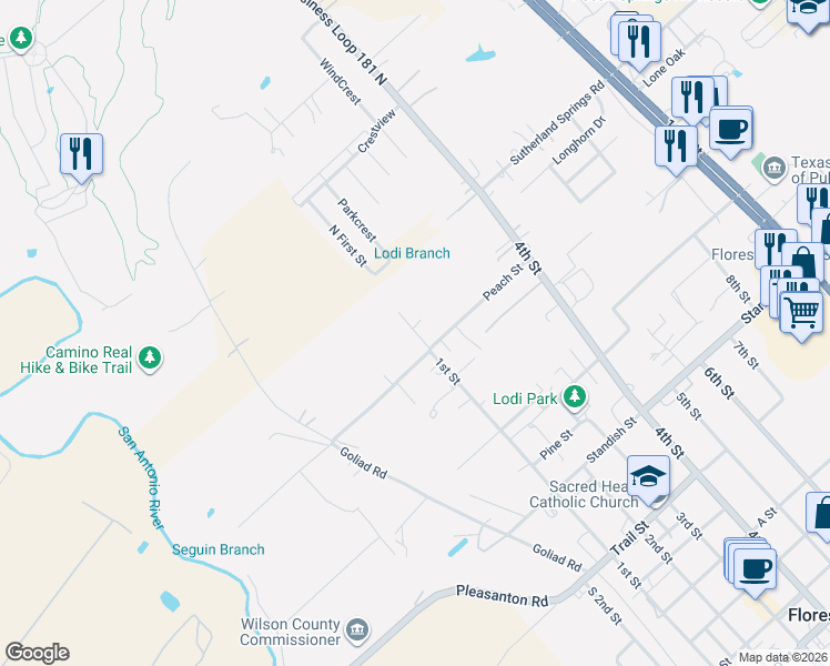 map of restaurants, bars, coffee shops, grocery stores, and more near 610 1st Street in Floresville