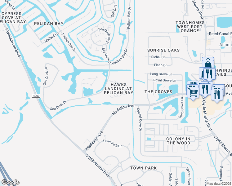 map of restaurants, bars, coffee shops, grocery stores, and more near 103 Bob White Court in Daytona Beach