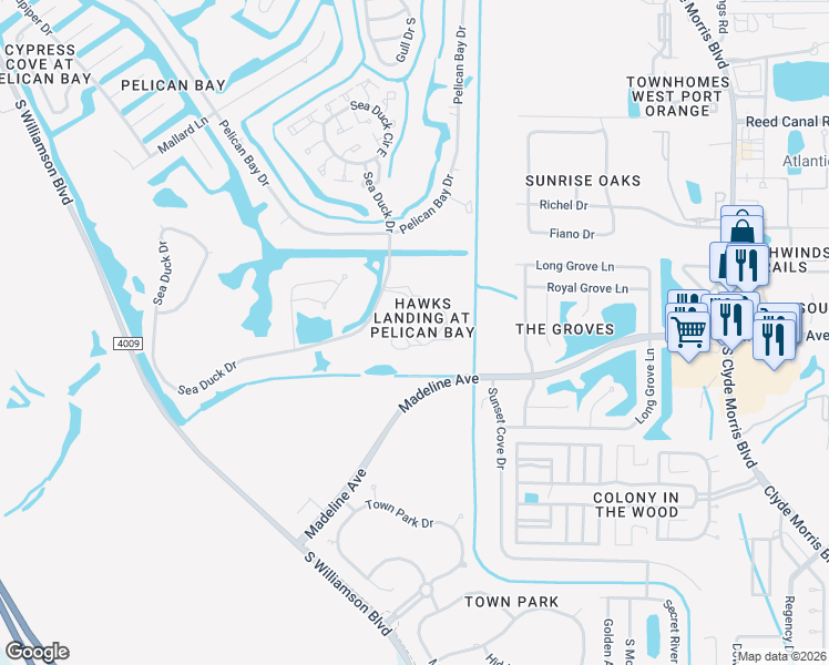 map of restaurants, bars, coffee shops, grocery stores, and more near 103 Bob White Court in Daytona Beach