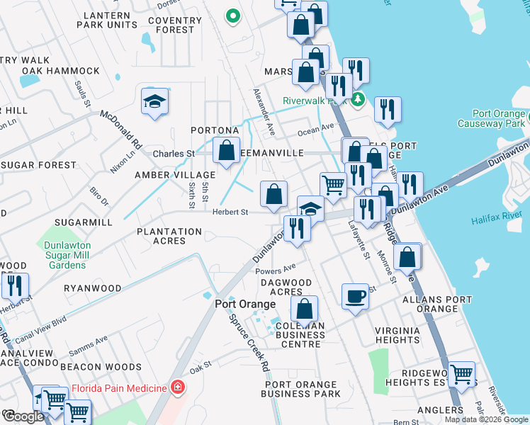 map of restaurants, bars, coffee shops, grocery stores, and more near 601 Herbert Street in Port Orange