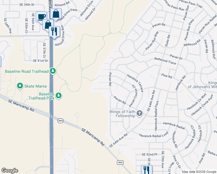 map of restaurants, bars, coffee shops, grocery stores, and more near 3 Pecan Course Way in Ocala