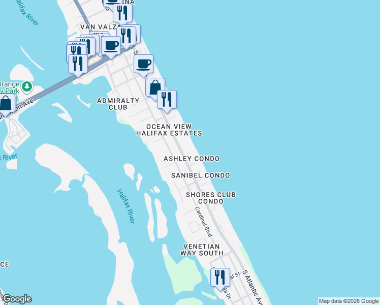 map of restaurants, bars, coffee shops, grocery stores, and more near 3747 South Atlantic Avenue in Daytona Beach