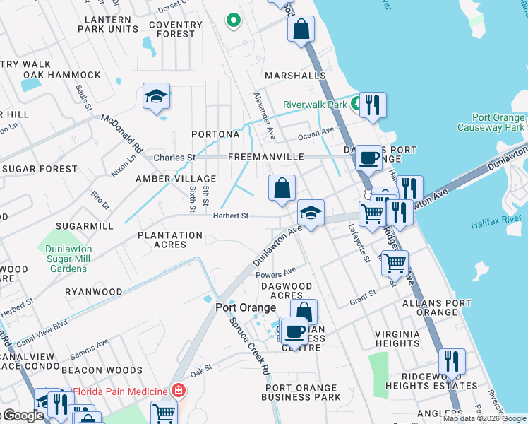 map of restaurants, bars, coffee shops, grocery stores, and more near 601 Herbert Street in Port Orange