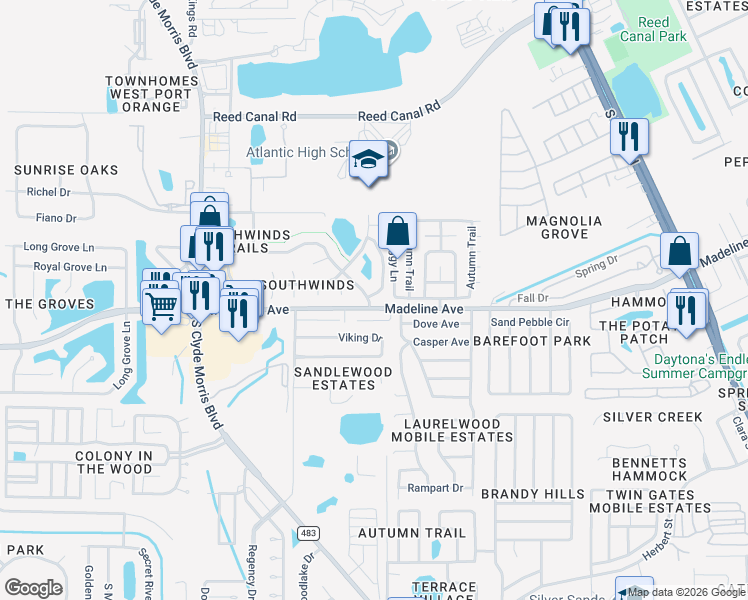 map of restaurants, bars, coffee shops, grocery stores, and more near 1111 Monticello Lane in Port Orange