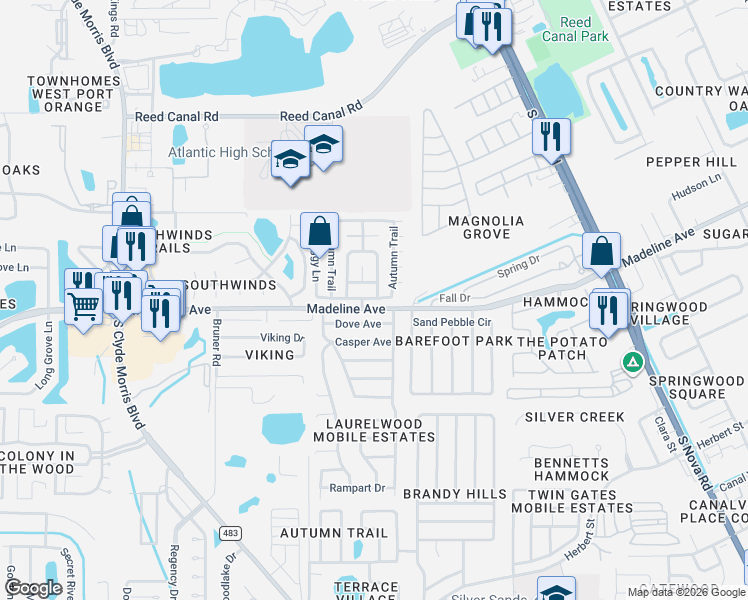 map of restaurants, bars, coffee shops, grocery stores, and more near 215 Autumn Trail in Port Orange