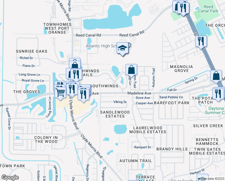 map of restaurants, bars, coffee shops, grocery stores, and more near 1152 Ashland Court in Port Orange