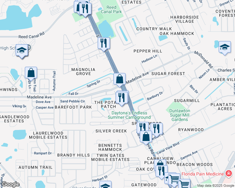 map of restaurants, bars, coffee shops, grocery stores, and more near 1103 Deer Springs Road in Port Orange