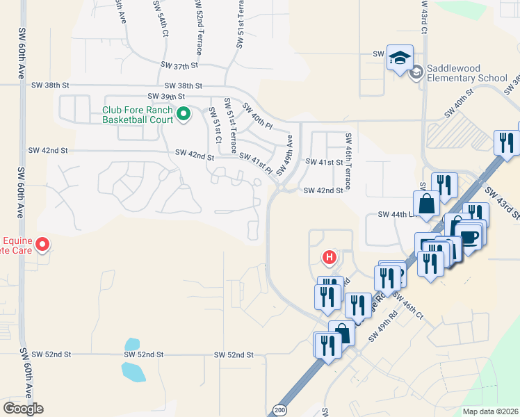 map of restaurants, bars, coffee shops, grocery stores, and more near 4821 Southwest 44th Circle in Ocala