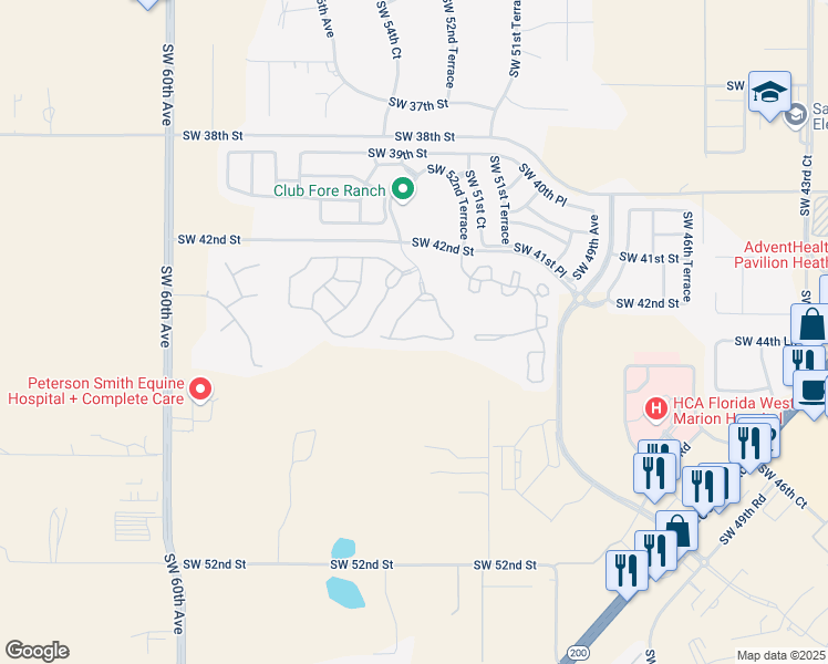map of restaurants, bars, coffee shops, grocery stores, and more near 4525 Southwest 52nd Circle in Ocala