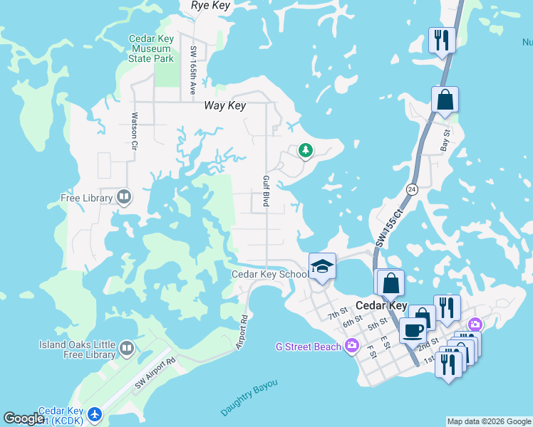 map of restaurants, bars, coffee shops, grocery stores, and more near 1167 Gulf Boulevard in Cedar Key