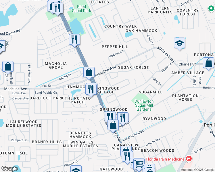 map of restaurants, bars, coffee shops, grocery stores, and more near 150 Sweetgum Lane in Port Orange
